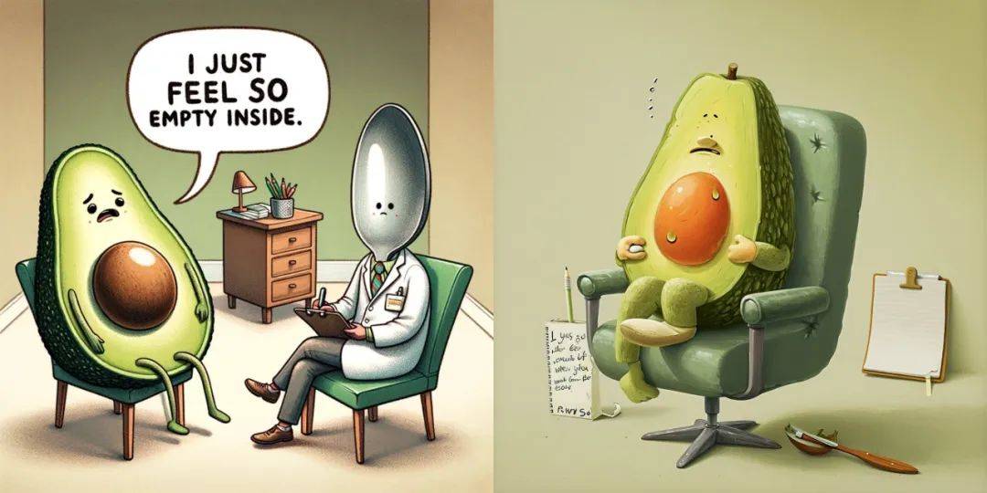 範例 6prompt：An illustration of an avocado sitting in a therapist's chair, saying 'I just feel so empty inside' with a pit-sized hole in its center. The therapist, a spoon, scribbles notes.