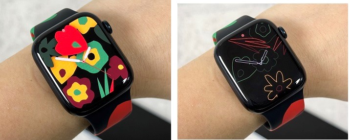 配 Unity Bloom 錶帶推出的 Apple Watch 錶面，有繁花盛開及一支獨秀兩種模式，且在螢幕啟用狀態時會呈現出充滿顏色的花朵輪廓。