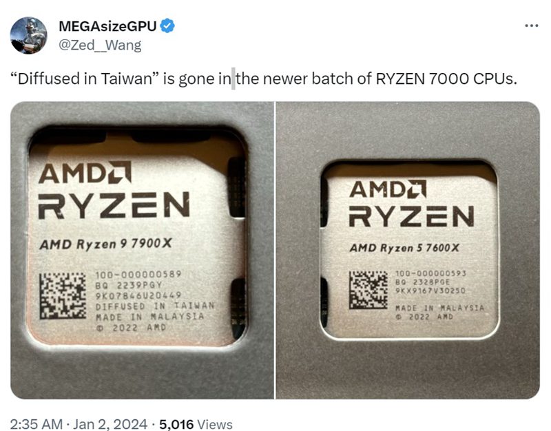 AMD取消CPU上的Diffused in Taiwan標識，官方說並非為了討好中国