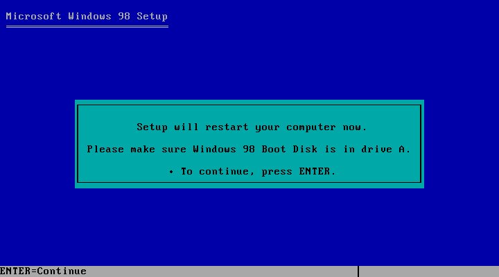 接下來提醒需要插入Windows 98開機磁片，但無需理會，直接按下Enter鍵重新開機即可。