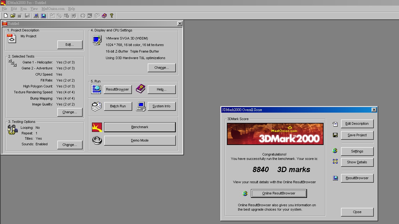 在VirtualBox配SoftGPU環境透過3DMark 2000進行效能實測，得分為8840分。