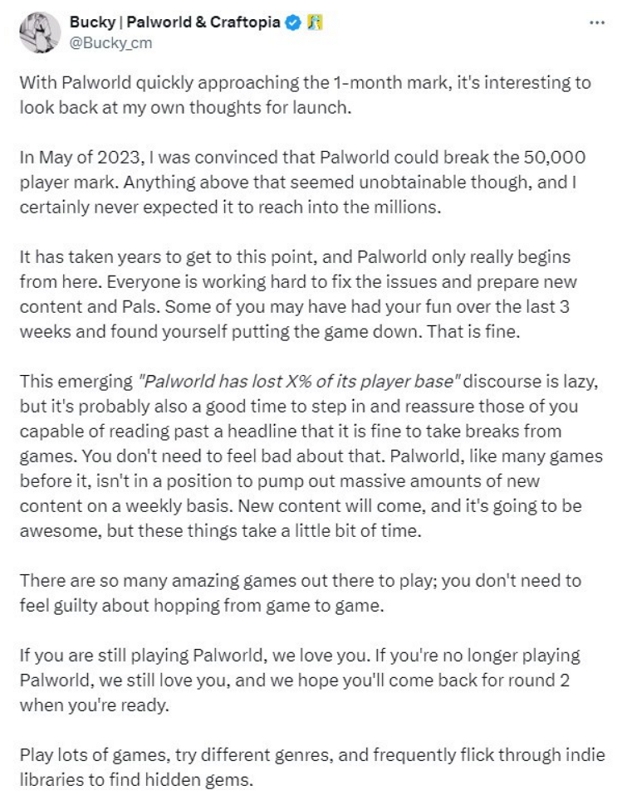 《幻獸帕魯 PalWorld》開發者表示玩家流失問題不用擔心，玩家可以「休息一下再回來玩」