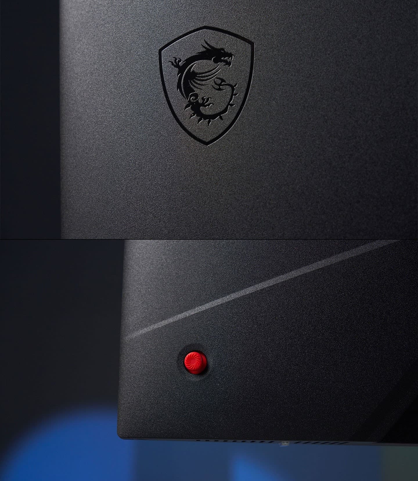 機身背面的龍盾徽由黑色亮面線條所構成，OSD 鍵仍採用鮮艷的紅色。