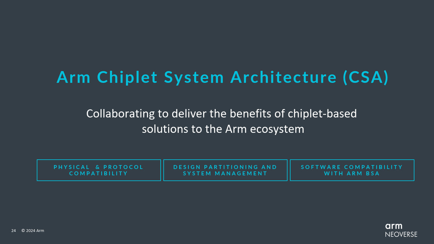 Arm也透過全面設計（Total Design）生態系夥伴的意見回饋，打造新近發表的小晶片系統架構（CSA，Chiplet System Architecture），協助定義強健及可互換的小晶片生態系。