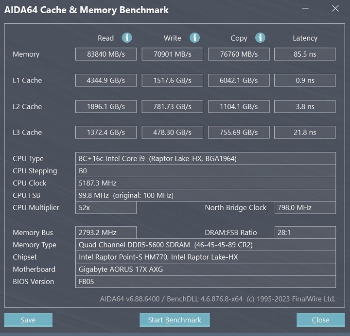 主要記憶體的效能測試結果為讀取 83,840 MB/s、寫入 70,901 MB/s、拷貝76,760 MB/s，延遲時序則為 85.5ns。