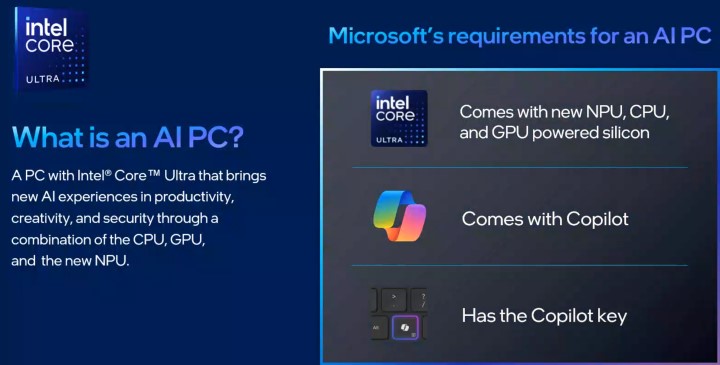 Intel也在簡報補充說明，Microsoft對AIPC的需求為載GPU、NPU運算單元，支援Copilot軟體並具有實體Copilot按鍵。