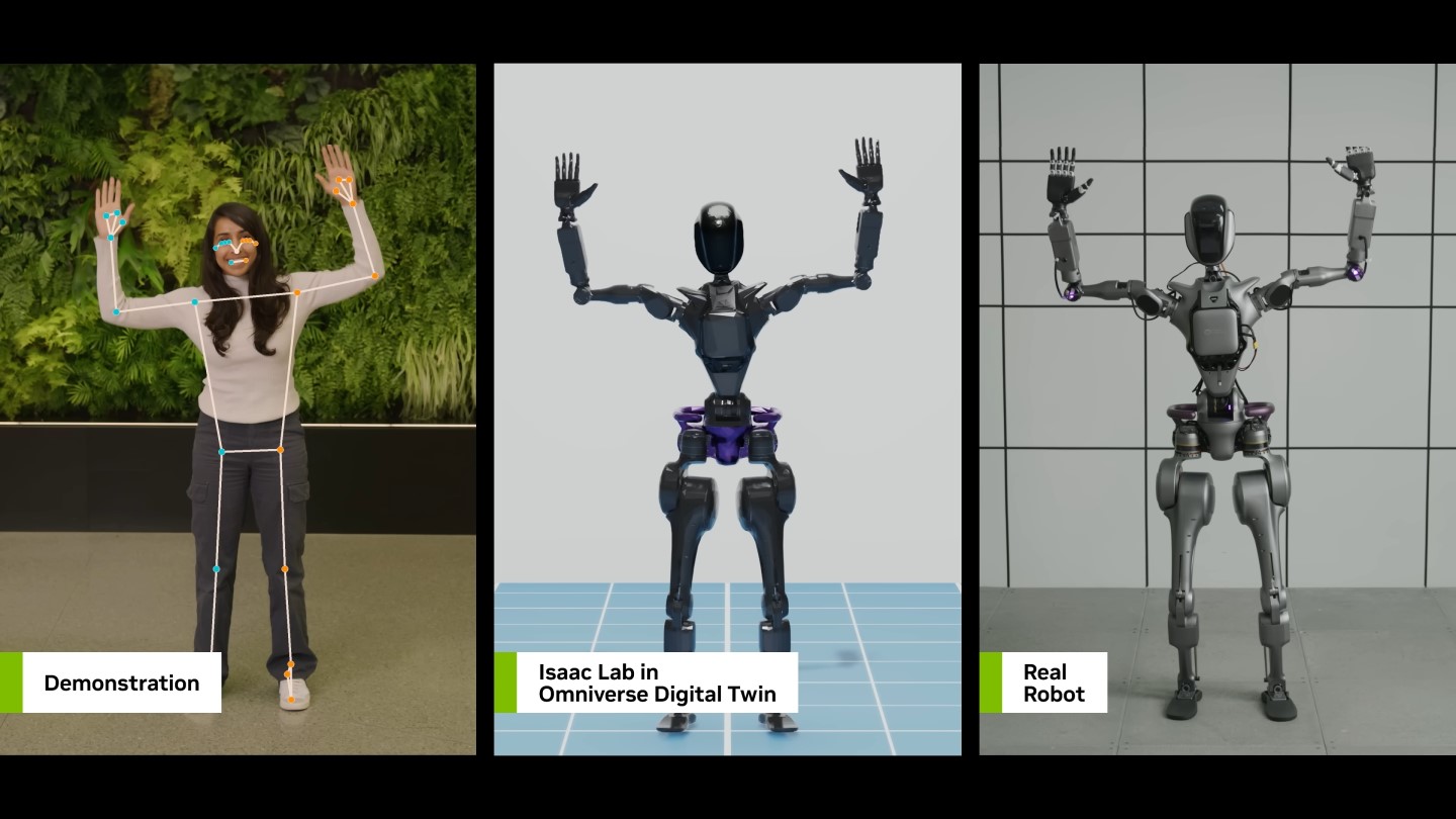 舉例來說，開發者可以將人類示範動作影片輸入Omniverse建立的數位攣生，並透過Isaac Lab訓練機器人AI模型。
