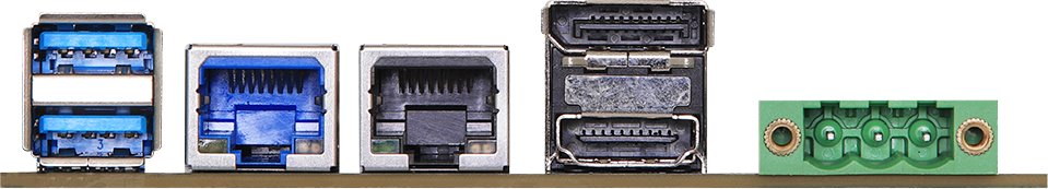 I/O背板區域具有HDMI 2.0b、DisplayPort 1.4a、電源輸入端各1組，以及2組USB 3.2 Gen2。