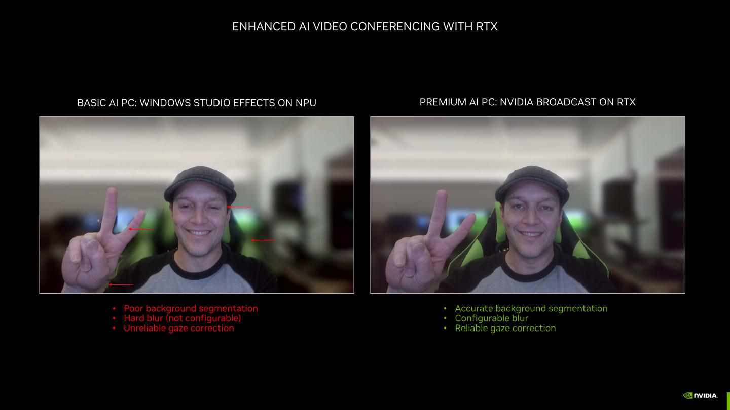 NVIDIA Boardcast視訊會議能提供更精準以的背景模糊功能，並可自行設定背景效果，眼神校正效果也更加理想。