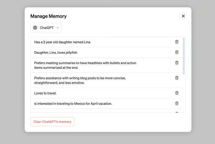 ChatGPT 的記憶體儲存了聊天中的關鍵資訊，這些資訊可以在設定中手動刪除，或者直接告訴它忘記這段記憶。