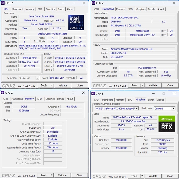 利用 CPU-Z 來檢視款Zephyrus G16 2024 GU605 的核心規格，處理器為 Intel Core Ultra 9 185H，製程為 7 奈米，並且是 6 個 P-core、8 個e-core、2 個 LP E-core 的組合；記憶體為 32GB；獨立顯示晶片則是 NVIDIA GeForce RTX 4090 Laptop 16GB 80W 版本。