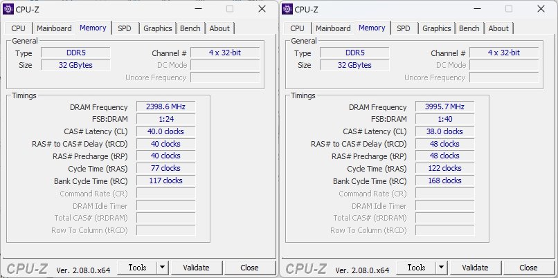 另外手動降頻至DDR5-4800（左）以及超頻至DDR5-8000（右）。