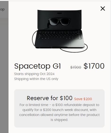Spacetop G1 AR電式開放預訂、戴上眼鏡享受100吋虛擬螢幕，價格約台幣56000元