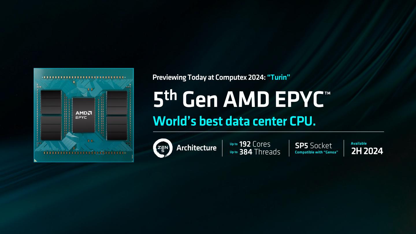 代號為Turin的第5代Epyc處理器採用Zen 5架構，最高具有192核382緒配置。