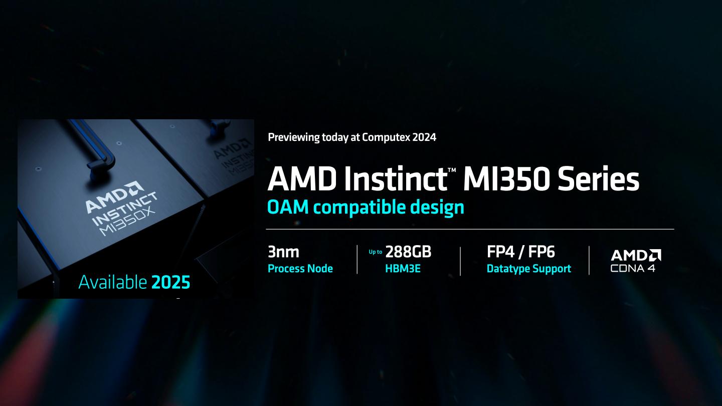 下代MI350X將採用3nm節點製程，最高載288GB HBM3e高頻寬記憶體，並支援FP4、FP6資料類型。