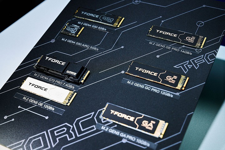 T-FORCE 新一代 PCIe Gen5 M.2 SSD，共有 GE Pro、GC Pro 和 GA Pro 三種型號，以 GE Pro SSD 效能最高。