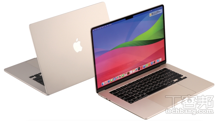 從外型來看，就像 13 吋 MacBook Air 的放大版，而 15 吋螢幕為 15.3 吋Liquid Retina 顯示器，具備 2880x1864 解析度，亮度為 500 尼特，也採用「瀏海」計。款星光色是銀色帶有金色系，相當耐看。