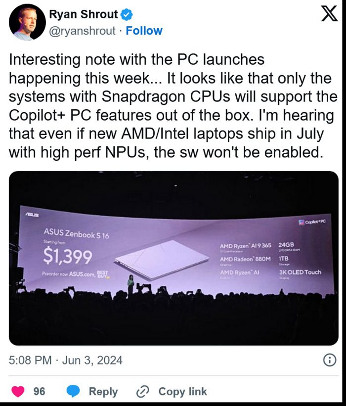 英特爾和AMD的Copilot+PC在推出時，很可能並不具備Windows 11的Copilot AI功能