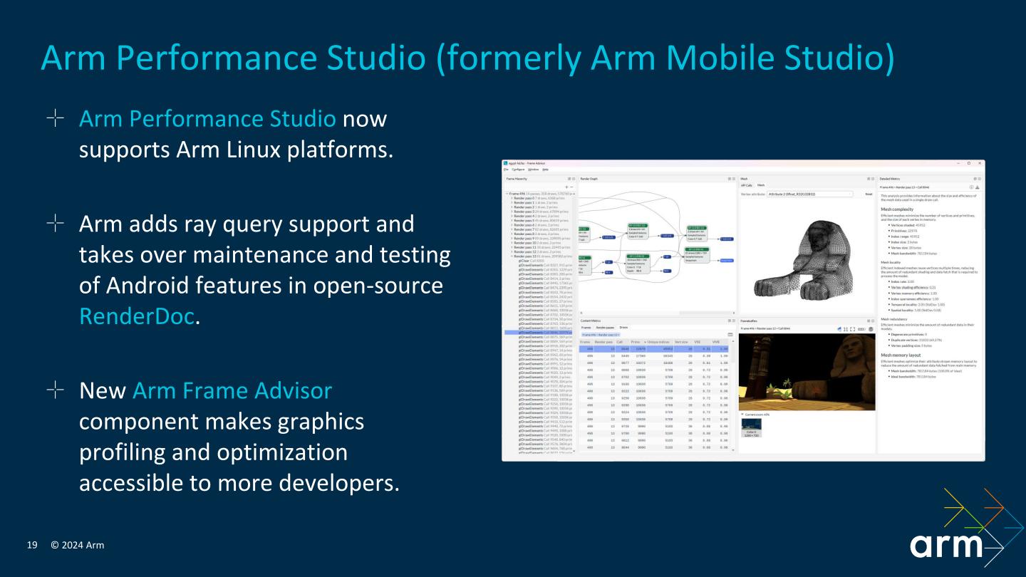 Arm Mobile Studio在加入Arm Linux平台的支援後改名為Arm Performance Studio（Arm效能工作室），可以協助開發者進行效能最佳化的微調工作。