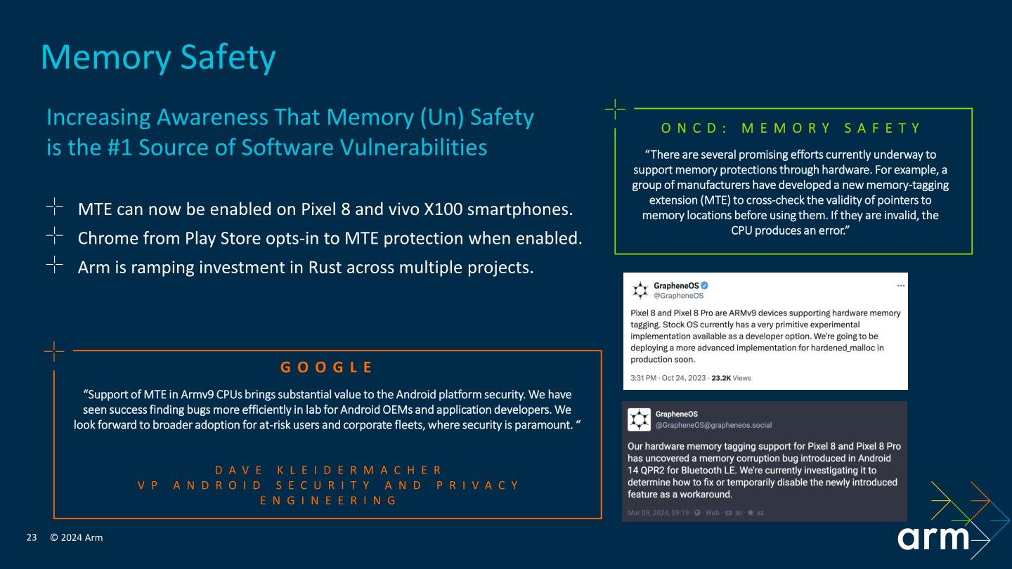 MTE技術能為Google Pixel 8與vivo X100首批支援的智慧型手機帶來更高的安全性。同時Arm也在許多專案開始使用記憶體管理功能更強大、安全性更高的Rust程式語言，提高整體資安防。