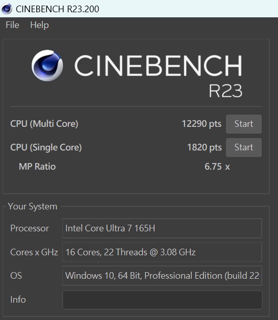 於 CINEBENCH R23 測試，CPU 多核心為 12,290 pts，單核心為 1,820pts，多、單核心的效能差距倍數為 6.75x。