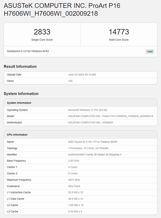 AMD Ryzen AI 9 HX 370 最新跑分出爐，Geekbench 6 單核 2833 分
