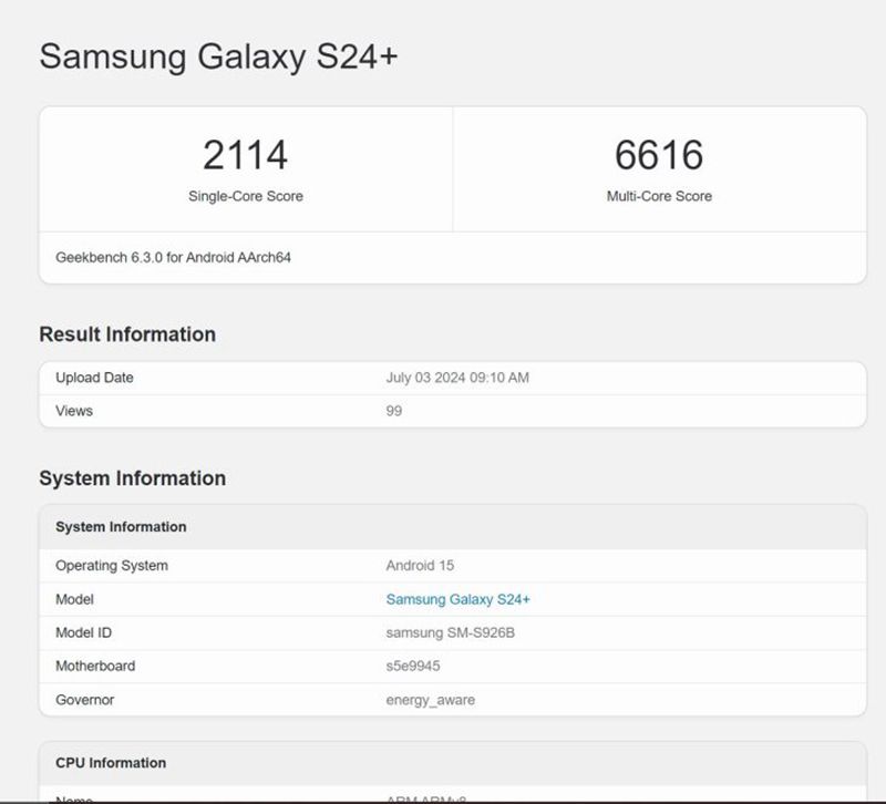 三星Galaxy S24 Plus現身Geekbench，執行Android 15和One UI 7
