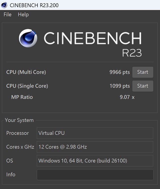 於 CINEBENCH R23 測試中，CPU 多核心為 9,966 pts，單核心為 1,099pts，多、單核心的效能差距倍數為 9.07x。
