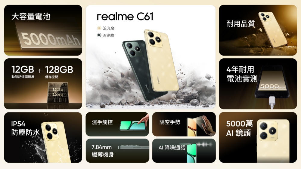 realme C61超平價AI手機推出，親民價格3,990 元