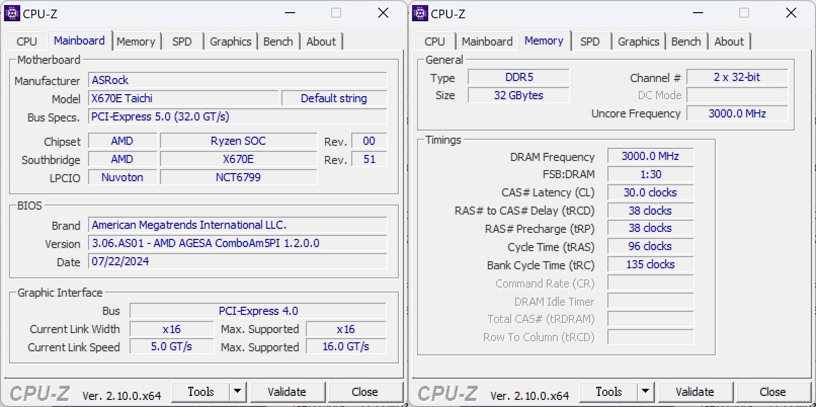 主機板與記憶體於CPU-Z所顯示的資訊。