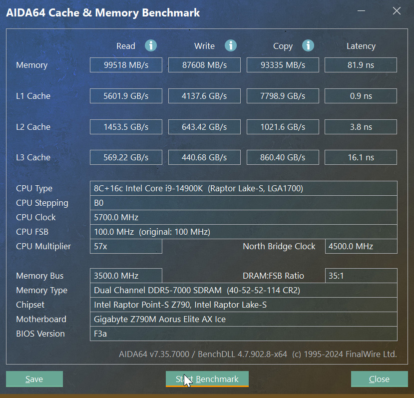 超頻後，是 DDR5-7000，讀取將近到達 100,000 MB/s。