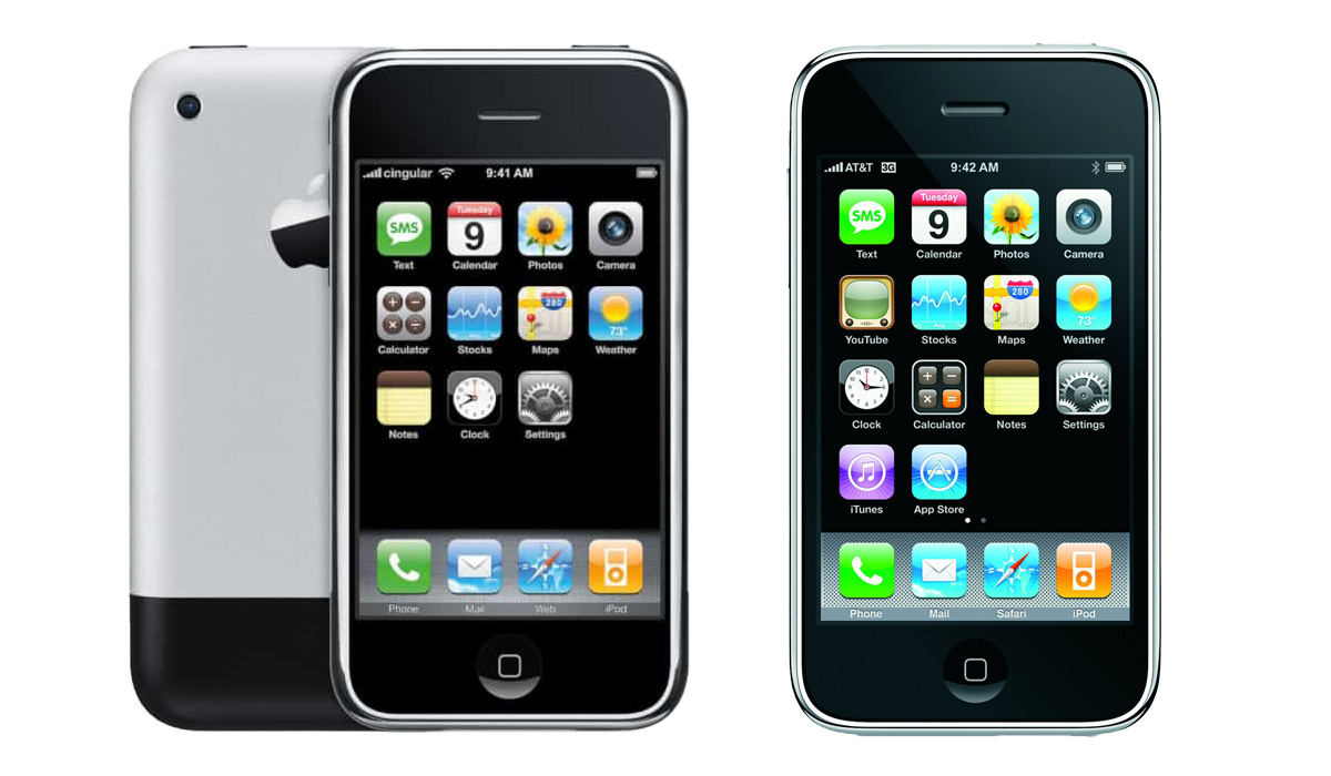 第一代 iPhone (左)；首款搭載 App Stoe 的 iPhone 3G (右)