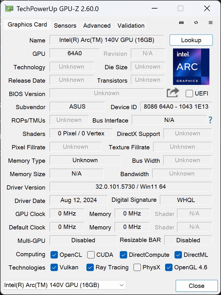 搭配內建顯示晶片為Intel Arc Graphics 140V，撰稿時GPU-Z尚無法正確判讀規格資訊。