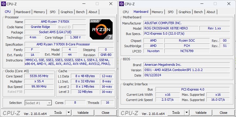 測試平台使用AMD Ryzen 7 9700X處理器搭配Asus ROG Crosshair X870E Hero主機板。