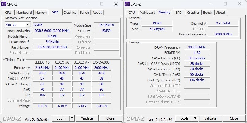 記憶體為G.Skill Trident Z5 Neo 16GBx2，透過EXPO自動超頻至DDR5-6000。