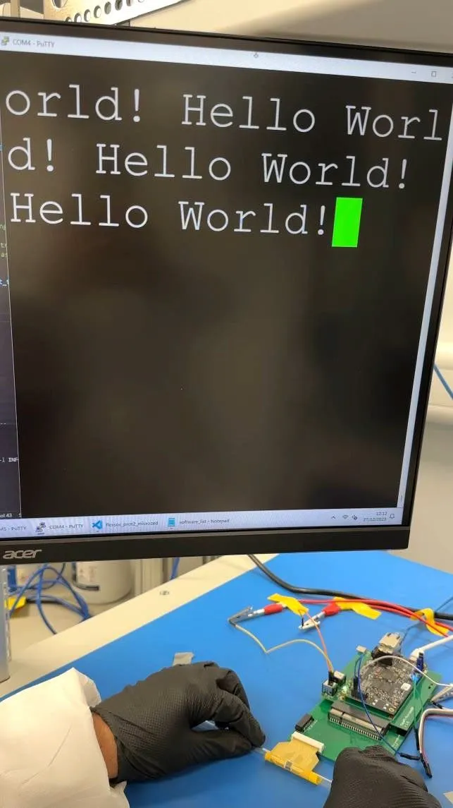 彎曲的 Flex-RV 微處理器運行一個程式來列印「Hello World」。圖片來源：Pragmatic Semiconductor