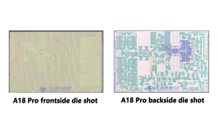 A18、A18 Pro正面和背面截圖對比，結構因GPU不同而不同