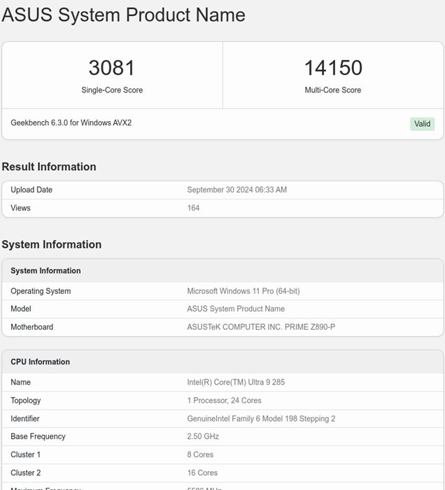 Geekbench跑分結果顯示24核心Intel Core Ultra 9 285 表現不及8核Ryzen 7 9700X