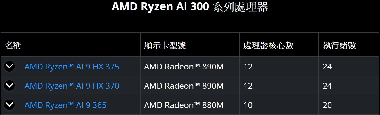 目前Ryzen AI 300系列行動處理器具有3款型號，這次測試的是高階的Ryzen AI 9 HX 370。而Ryzen AI 9 HX 375則是NPU的AI運算效能額外增加5 TOPS。