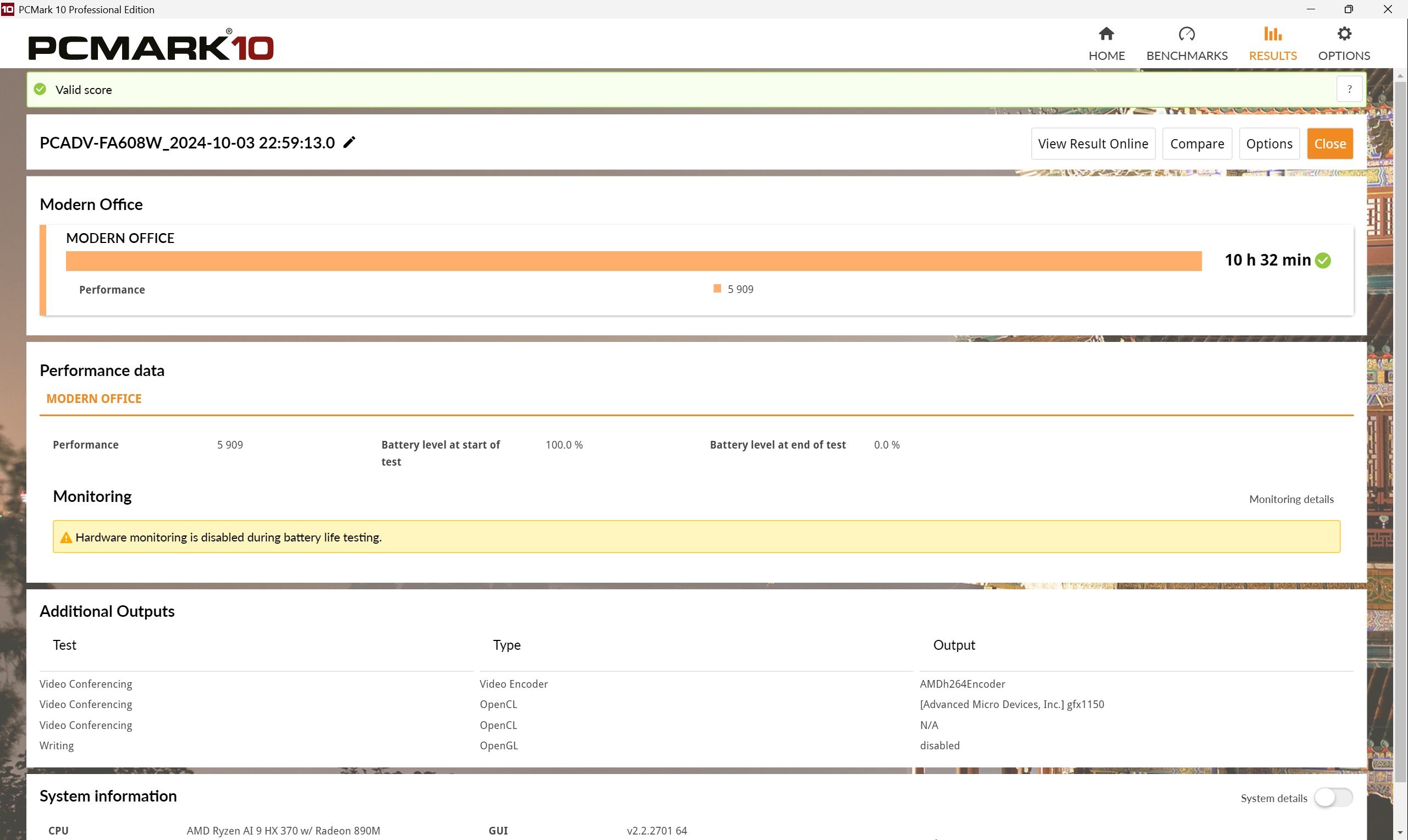 PCMark 10 Modern Office測試項目模擬一般日常辦公室使用情境，TUF A16在螢幕亮度最高、使用內建顯示晶片的情況下續航力為10小時32分鐘。