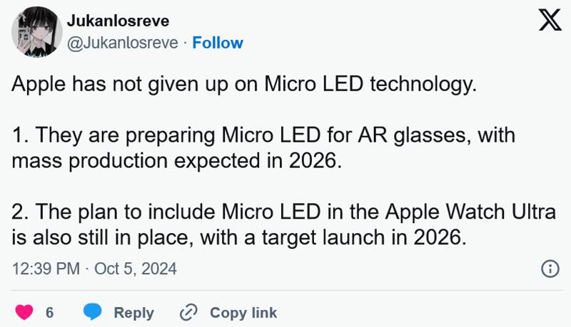 儘管頻遭挫折，蘋果仍未放棄讓Apple Watch Ultra用到micro LED