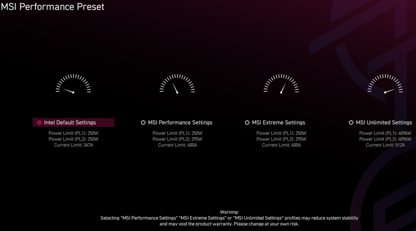 Z890系列主機板提供「Intel Default Setting」以及3種MSI規劃的電力設定範本。（提示：可以注意PL1、PL2電力限制與CL電流限制參數）