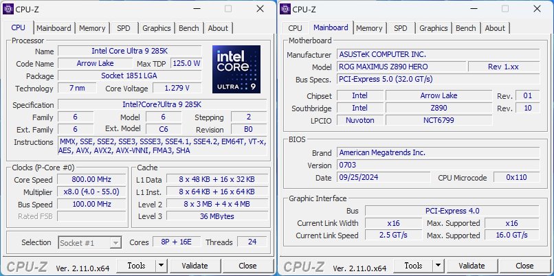 Core Ultra 9 285K與主機板之CPU-Z資訊。