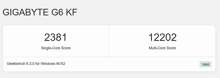 利用 Geekbench 6 進行測試，在單核心部分，單核獲得 2,381 分，多核獲得 12,202 分。