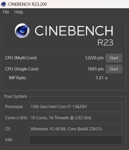 於 CINEBENCH R23測試中，多核心為 12,226 pts，單核心為 1,695pts，多、單核心的效能差距倍數為 7.21x。