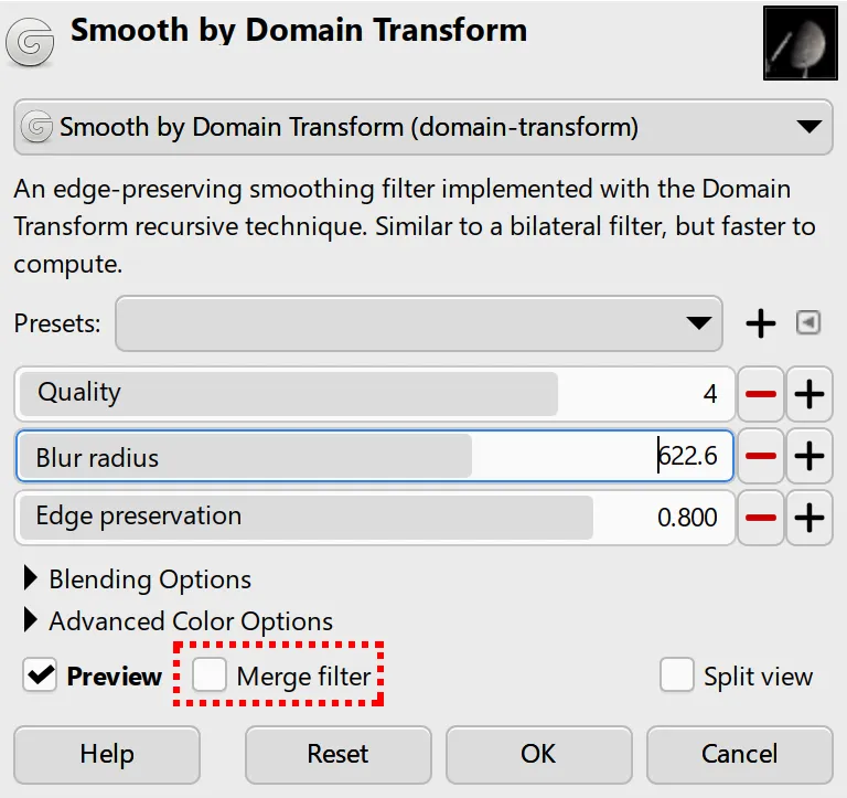 GIMP 3.0 RC1 中具有「合併濾鏡」核取方塊的濾鏡範例 