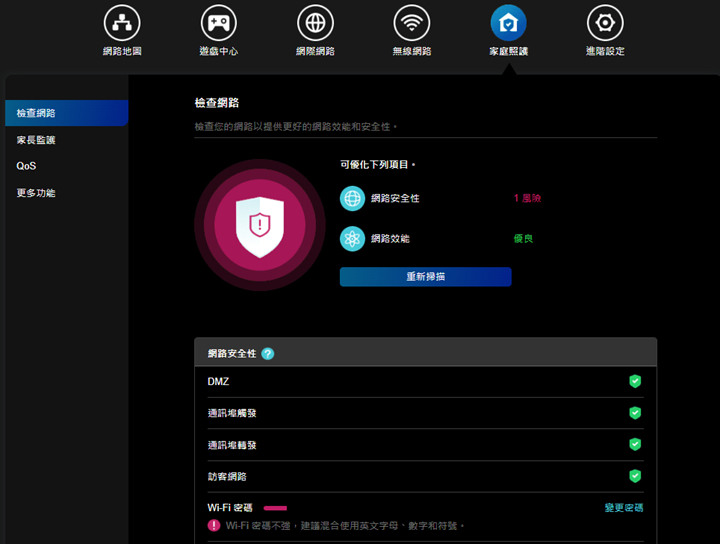  內建檢查網路安全的功能，透過一鍵啟動，可以幫你分析目前網路的安全性和網路效能，並將結果提供你參考。ysyyu