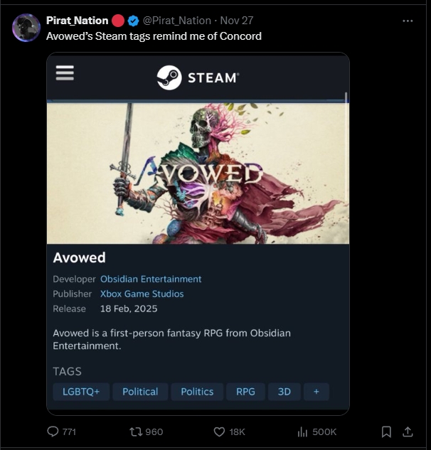 黑曜石RPG 新作《宣誓 Avowed》Steam頁面有LGBTQ+標籤，玩家：Xbox版本的星鳴特攻？