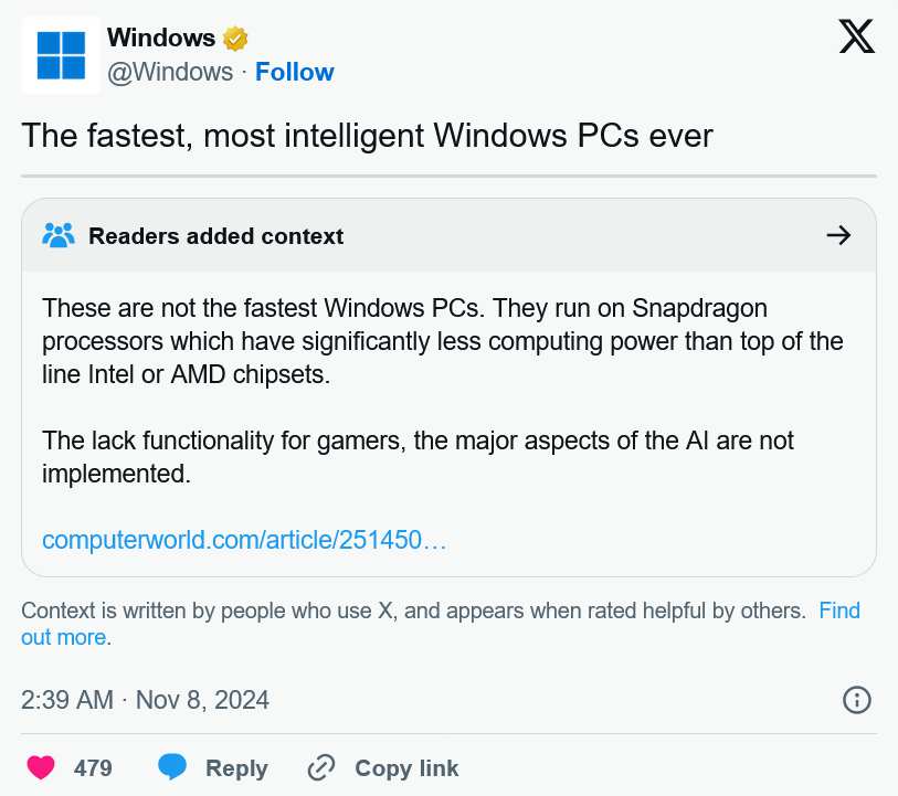 微軟Copilot+ PC在X平台上宣稱「速度最快的」Windows PC宣傳貼文，遭到X的事實核查機制打臉