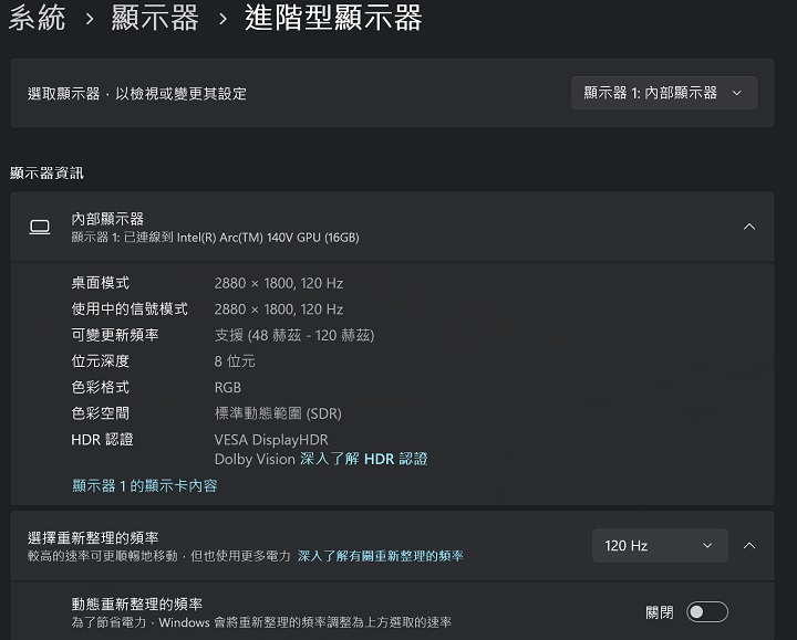 螢幕解析度為 2880×1800，更新率最高為 120Hz，並支援動態更新率。